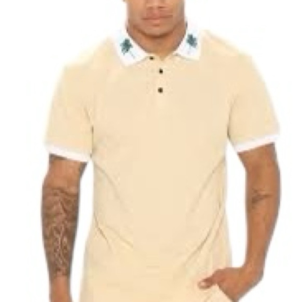 Fashion Nova Men Beige Polo with Embroidered Palm Tree Collar Size XL